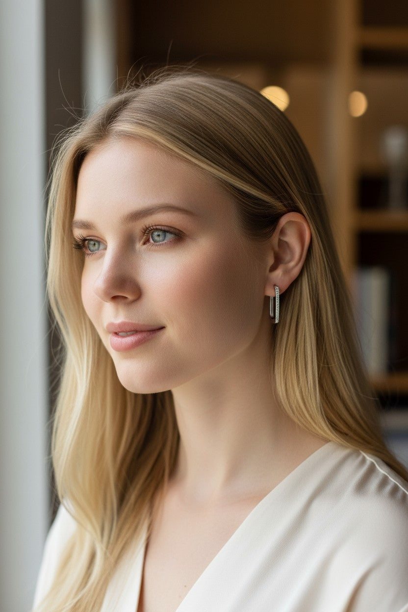 Boucles d'oreilles créoles rectangulaires zircon – acier inoxydable or ou argent