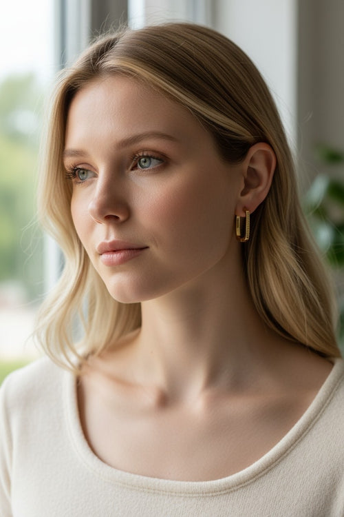 Boucles d'oreilles créoles rectangulaires zircon – acier inoxydable or ou argent